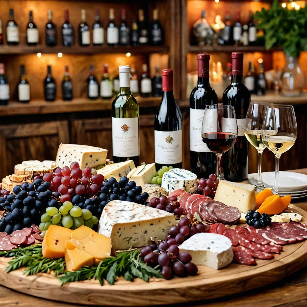 A beautifully arranged wine table featuring an array of wine glasses filled with different red and white wines, surrounded by an elegant cheese and charcuterie board adorned with fresh fruits and herbs. In the background, a rustic wooden wine rack showcases an exquisite collection of wine bottles, with soft warm lighting creating a cozy atmosphere. Emphasize the richness of colors and textures in the setting, inviting viewers to indulge in the art of wine pairing and collection. super-realistic. vibrant colors. warm lighting.