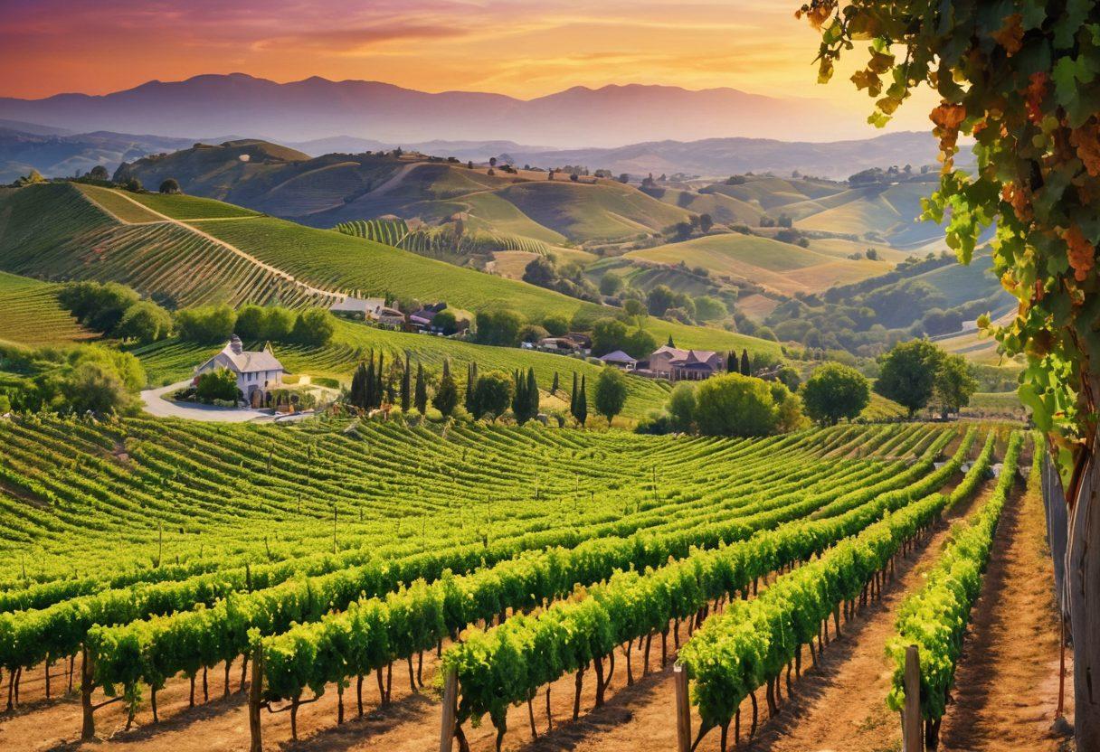 A picturesque vineyard stretching across rolling hills, showcasing vibrant grapevines in various shades of green and purple. Include festive scenes with people enjoying wine tastings, lively music, and locals dancing during a vibrant wine festival. Capture warm sunset hues to evoke a sense of celebration and adventure. super-realistic. vibrant colors. scenic landscape.