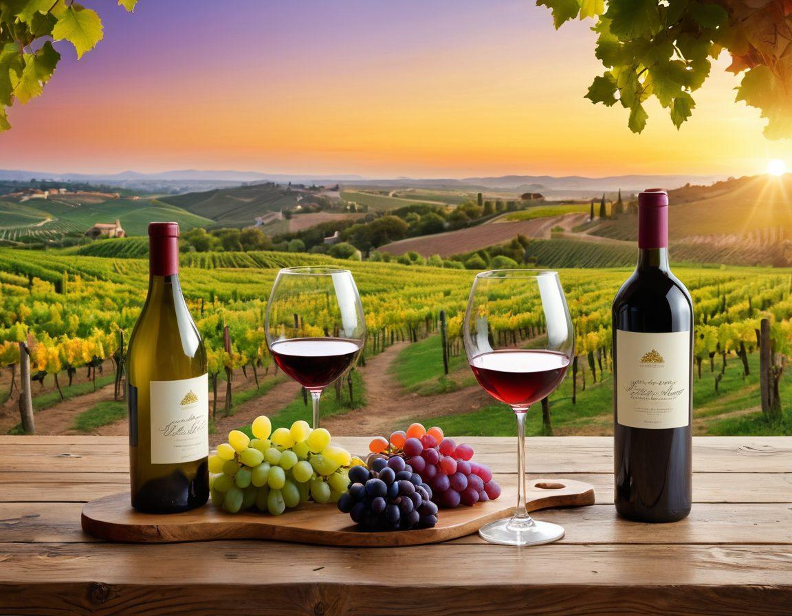 A picturesque vineyard landscape at sunset, showcasing diverse grapevines in various colors, intertwined with wine bottles and glasses elegantly arranged on a rustic wooden table. Include a whimsical journey path winding through the vineyard, symbolizing exploration, with colorful labels featuring different grape varieties. Emphasize a rich palette of purples, greens, and golds to enhance the atmosphere of luxury and adventure. super-realistic. vibrant colors. warm lighting.